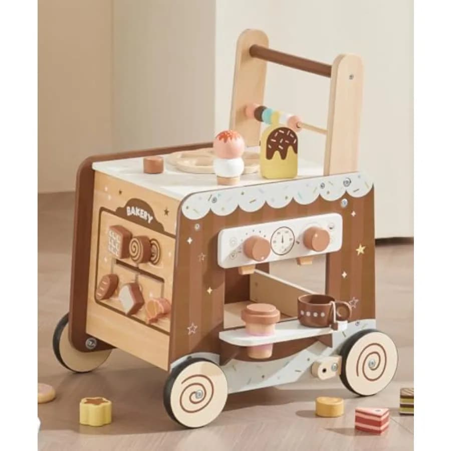 Girello Montessori in legno per bambini di 1 anno: macchina da caffè a velocità regolabile, giocattolo per imparare a cucinare, con finitura in legno naturale, perfetto