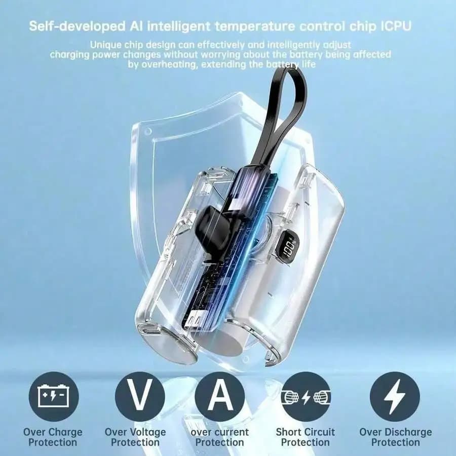 8000mAh Compact Power Bank With Built-In USB-C Cable Wireless Charging LCD Display Fast Output For iPhone Android