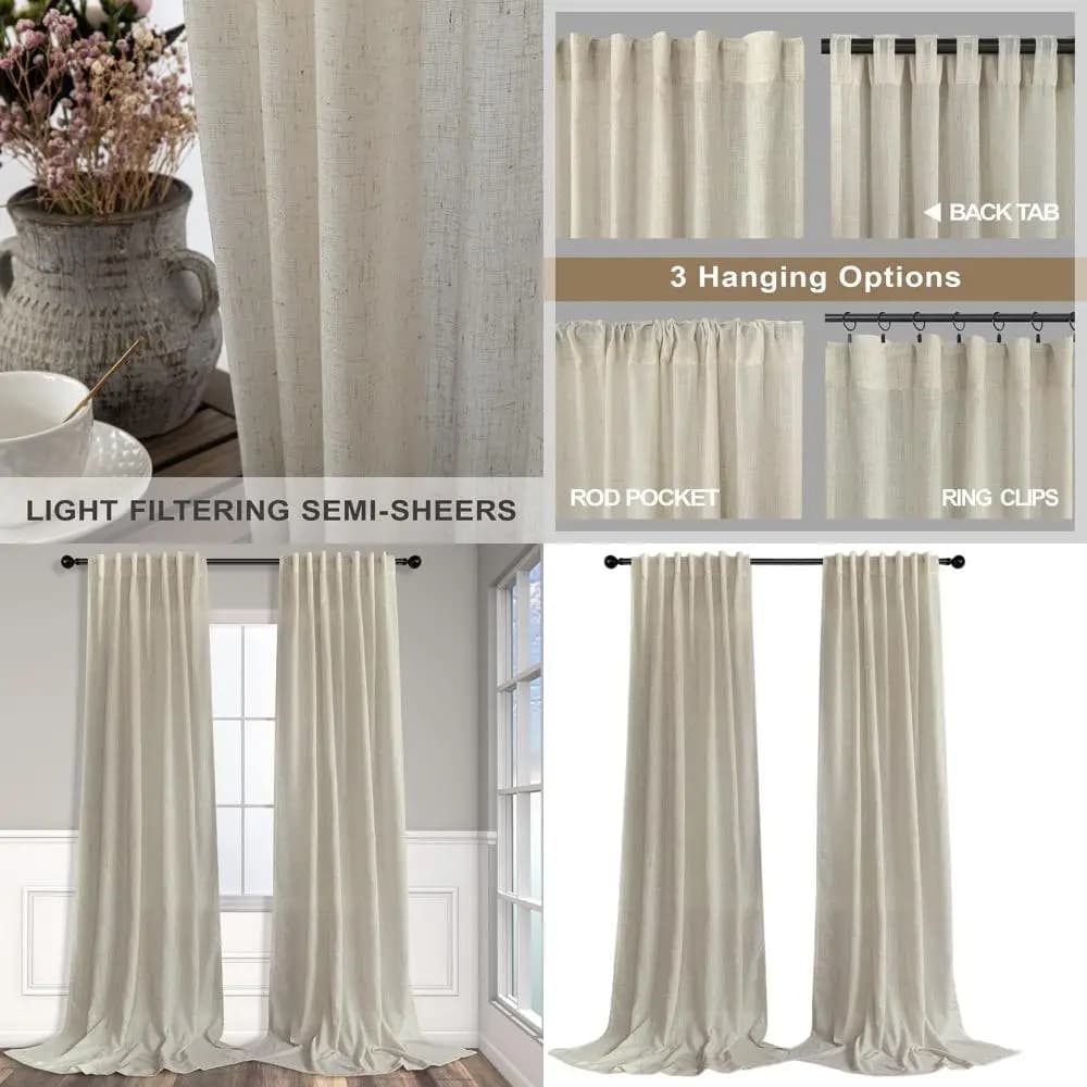 52x94 transparent curtains with linen texture for living room, light filtering, 2 panels, beige, suitable for patio doors and bovindo windows