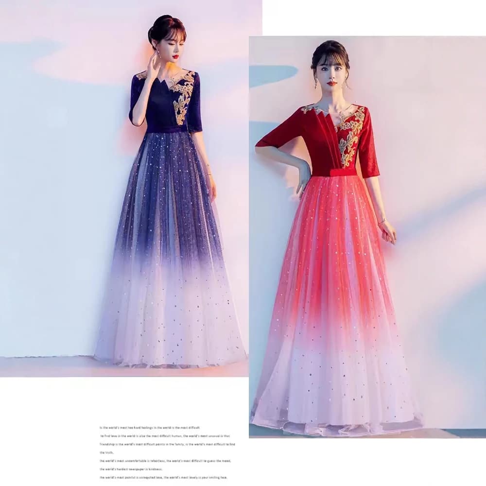 Chorus Performance Gown Women's Long Red Dress Gradient Recitation Conductor Evening Gown mid Waist Korean Style Polyester