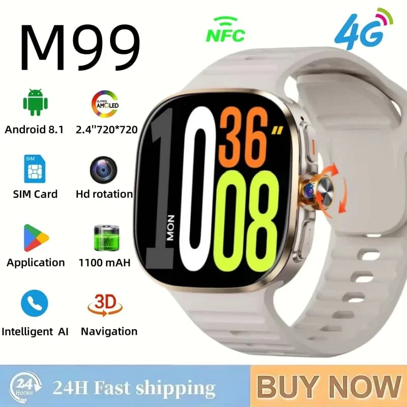 Smartwatch M99 5G: 2.4" AMOLED screen, rotating camera, SIM and WiFi support for autonomous and social media calls.