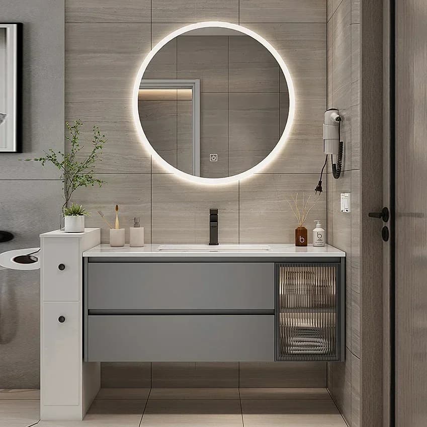 Mobile da bagno intelligente in marmo con lavabo e specchio, combinazione di un lavabo a mano, lavabo, WC, specchio rotondo
