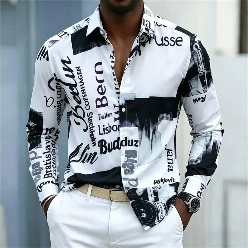 Men's Printed Long-sleeve Shirt, Slim-fit with A Collar, Street-style Casual Shirt