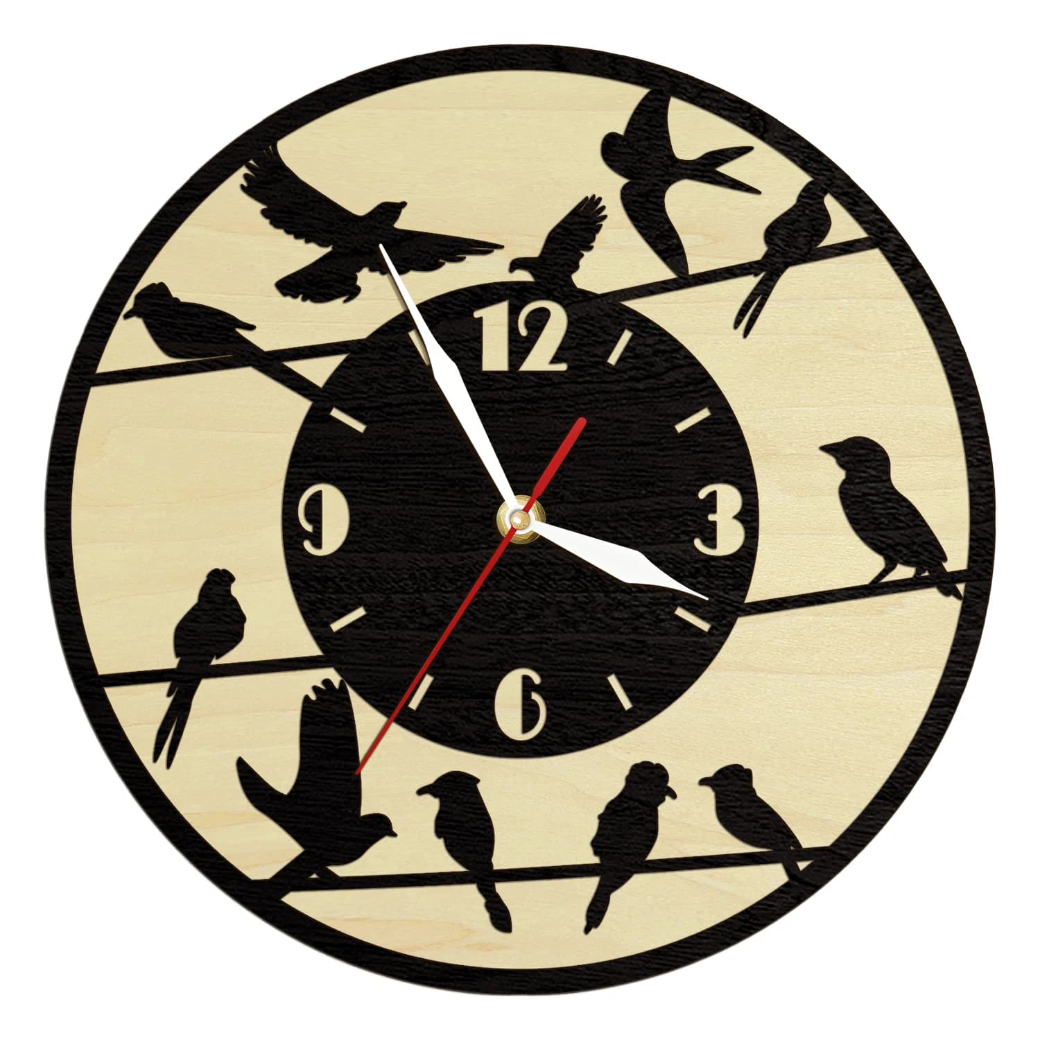 Orologio da Parete in Legno con Cornice a Cerniera, Motivo Uccelli su Ramo, Ispirato alla Natura, Decorazione per la Casa, Stile Rustico