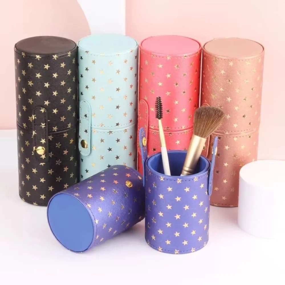 Portable PU Leather Makeup Brush Bucket Waterproof Dustproof Cosmetic Bag With Lid Multi-Function Makeup Brush Cylinder Travel