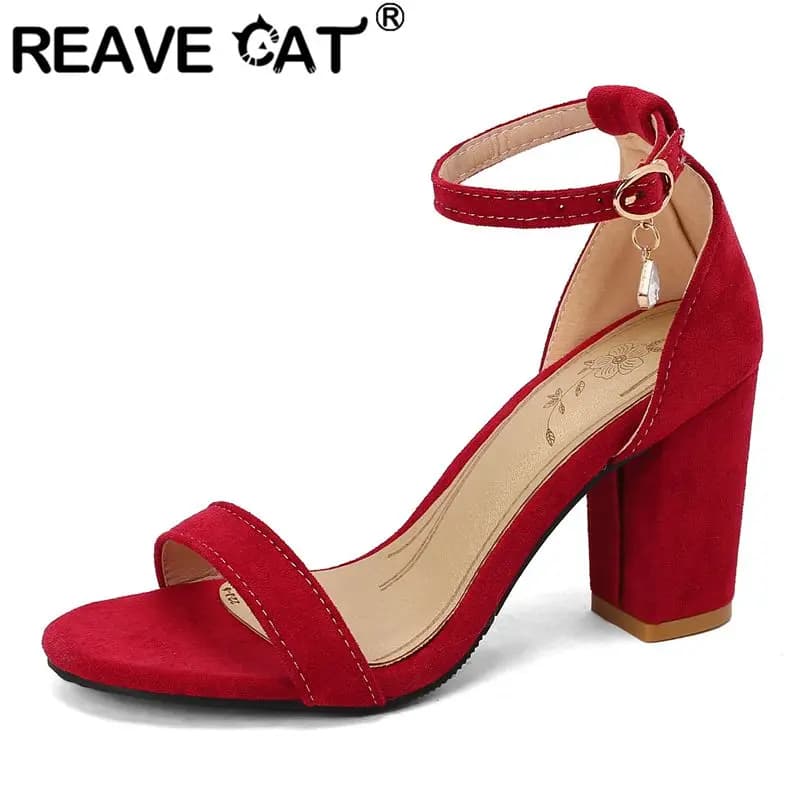REAVE CAT Flock Sandali da donna in pelle scamosciata Punta tonda Tacchi alti 8 cm Cinturino con fibbia di grandi dimensioni 45 46 47 48 Morbide scarpe femminili quotidiane estive