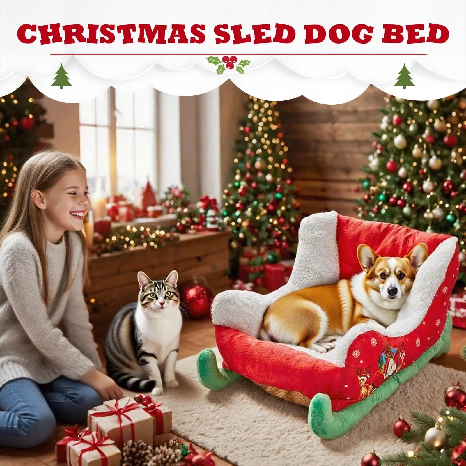 Letti per animali domestici per gatti Slitta natalizia Lettino per cani Festivo Peluche Accogliente nido isolato per gatti Vacanze di Natale Gattino Cucciolo calmante