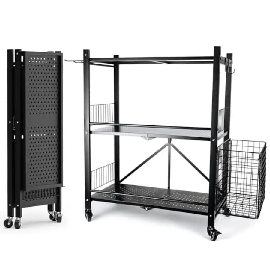 Rack portaoggetti per palestra domestica con struttura in acciaio, ruote resistenti, cestino e ganci per tappetini yoga, kettlebell e piccoli manubri - No
