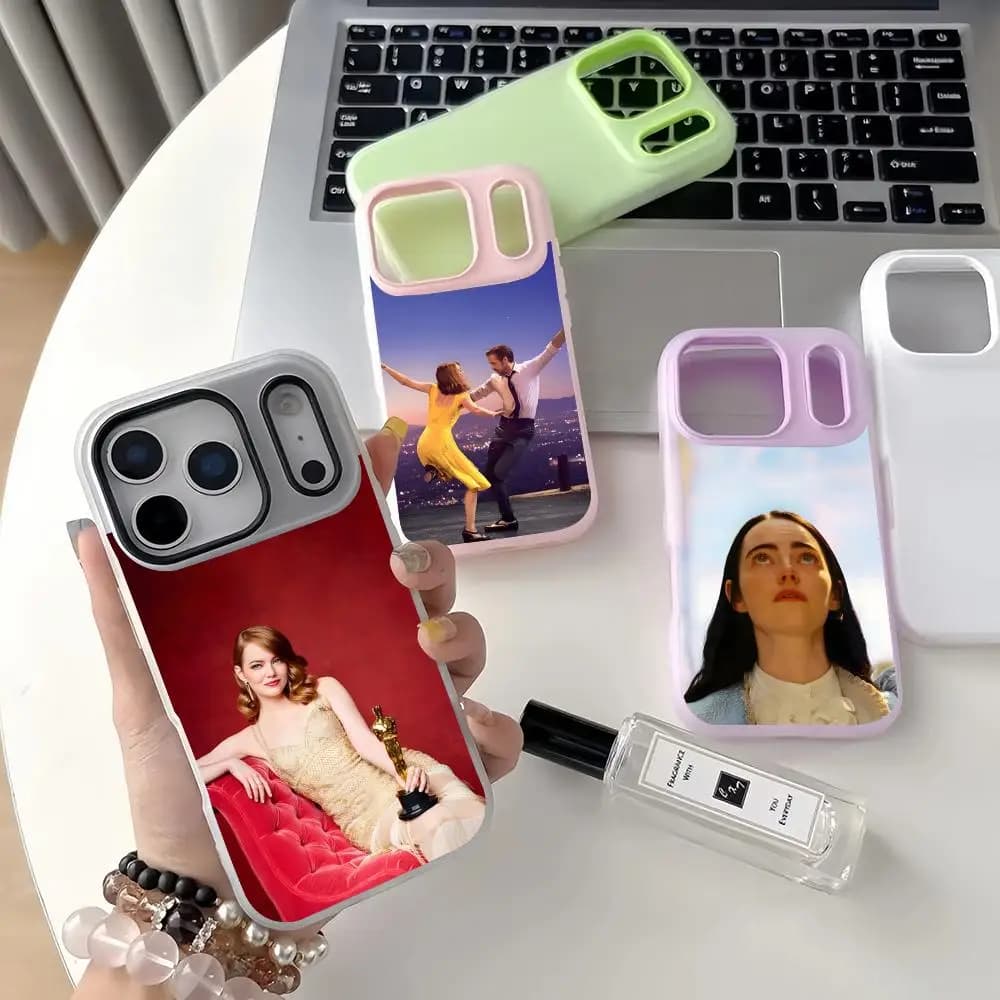 Custodia per telefono E-Emma Stone per iPhone 17 16 15 14 Pro Max, in cristallo a doppio strato con liquido brillante