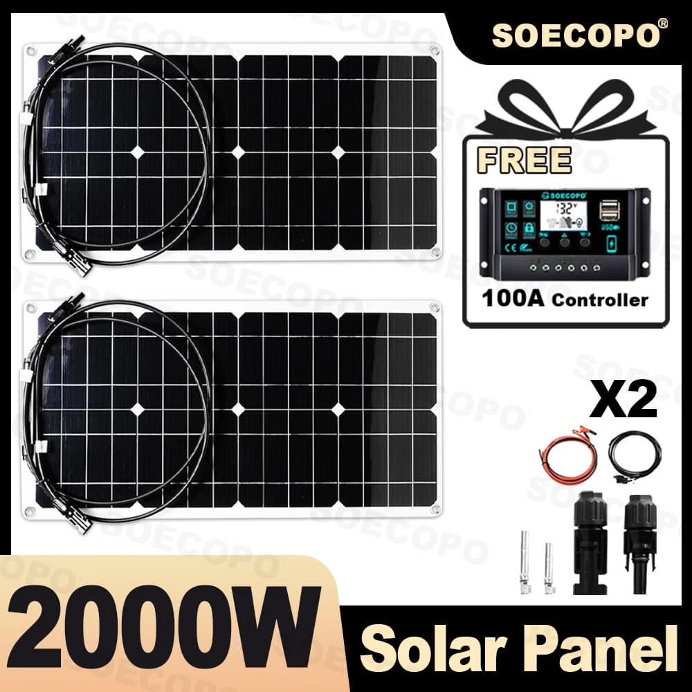 SOECOPO Kit Pannello Solare Portatile 2000W (Connettore PV 12-18V) 2* Pannelli per Campeggio Casa + Regolatore 100A Gratuito Ricarica USB 5V