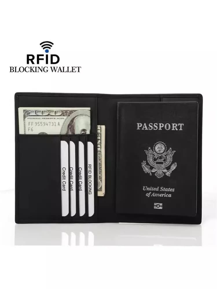 Portafoglio Sottile in Pelle per Passaporto, Unisex, Porta Documenti da Viaggio e Carte, Stile Business OL, Interno in Poliestere