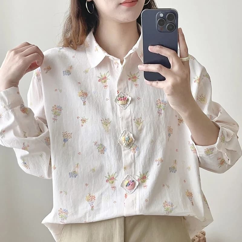 Cotton Long Sleeve Shirt with Spring and Autumn Flowers Print, Vase Shaped Bots, Kawaii Style, Mori Girl Women's Clothing, Women's Blouse U019