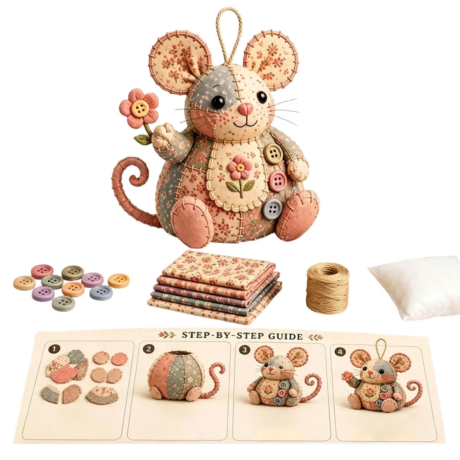 Floral Patchworks Mouse Figurine Sewing Kit DIY Handmade Animal Toy Craft Set With Materials Fun Creative For Craft Lover