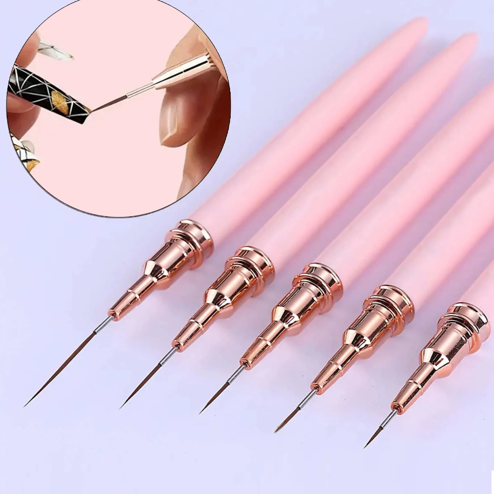 Set di 5 Penne per Nail Art, Penne per Dettagli Ultra-Fini 0.7-2.5mm, Pennelli per Gel Polish, Strumenti Professionali per Design Unghie Fai-da-Te e da Salone