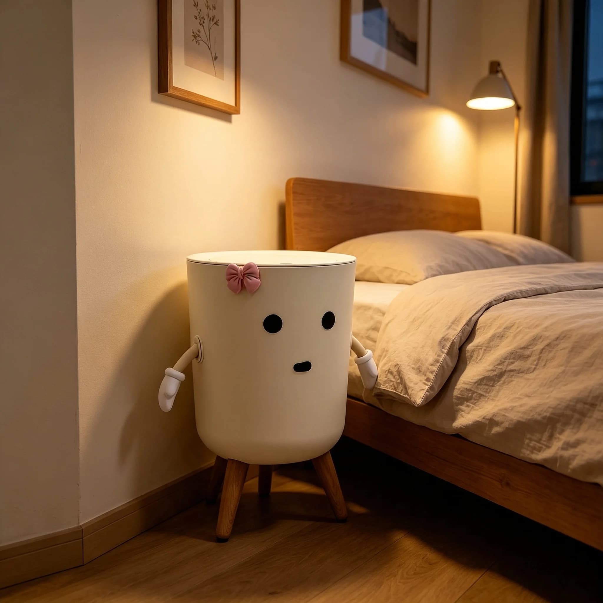 Aesthetic Cute Cartoon Trash Can, Press‑Lid Lidded Waste Bin with Wooden Legs & Movable Arms, Lovely Decorative Garbage Bin for Bedroom, Dorm, Bathroom, Office