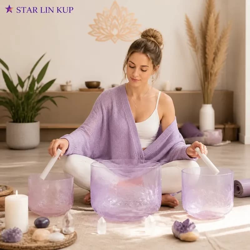STAR LIN KUP 7 Inch Amethyst Design Clear Alchemy Quartz Crystal Singing Bowl for Meditation Sound Healing with Mallet