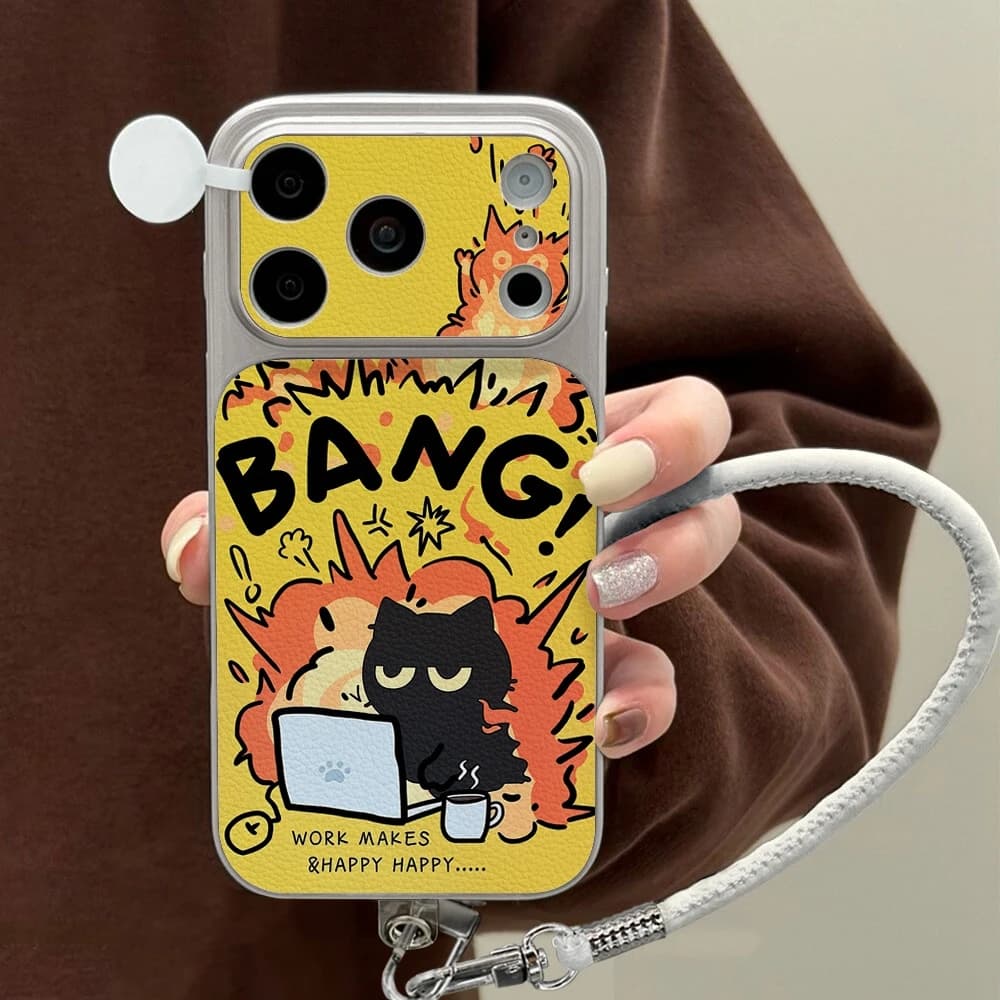 Funny Bang Cat Lichee Leather Pattern Phone Case For iPhone 18 17 16 15 14 13 12 11 Pro Max Shockproof Cover With Lanyard