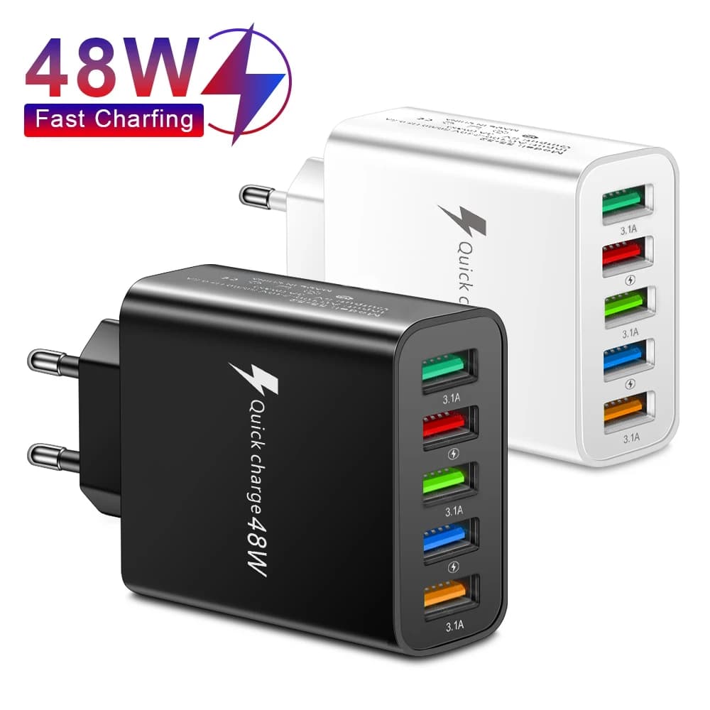 48W USB Charger Fast Charge QC 3.0 Wall Charger Adapter For iPhone 14 13 Samsung Xiaomi Mobile Phone Charger 5 Ports EU US Plug