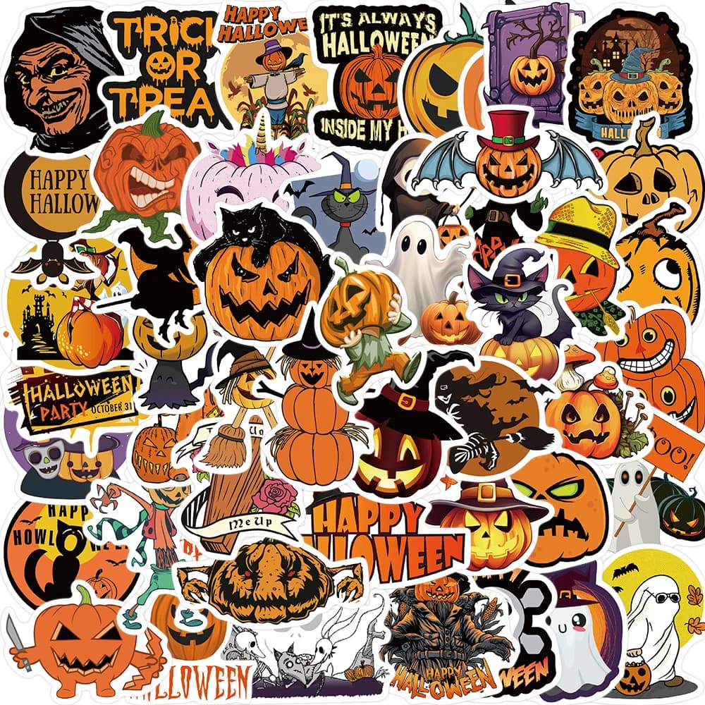 50pcs Unique Halloween Sticker Set Pumpkin Themes, Multipurpose Decor for Water Bottles, Laptops, Journals & More
