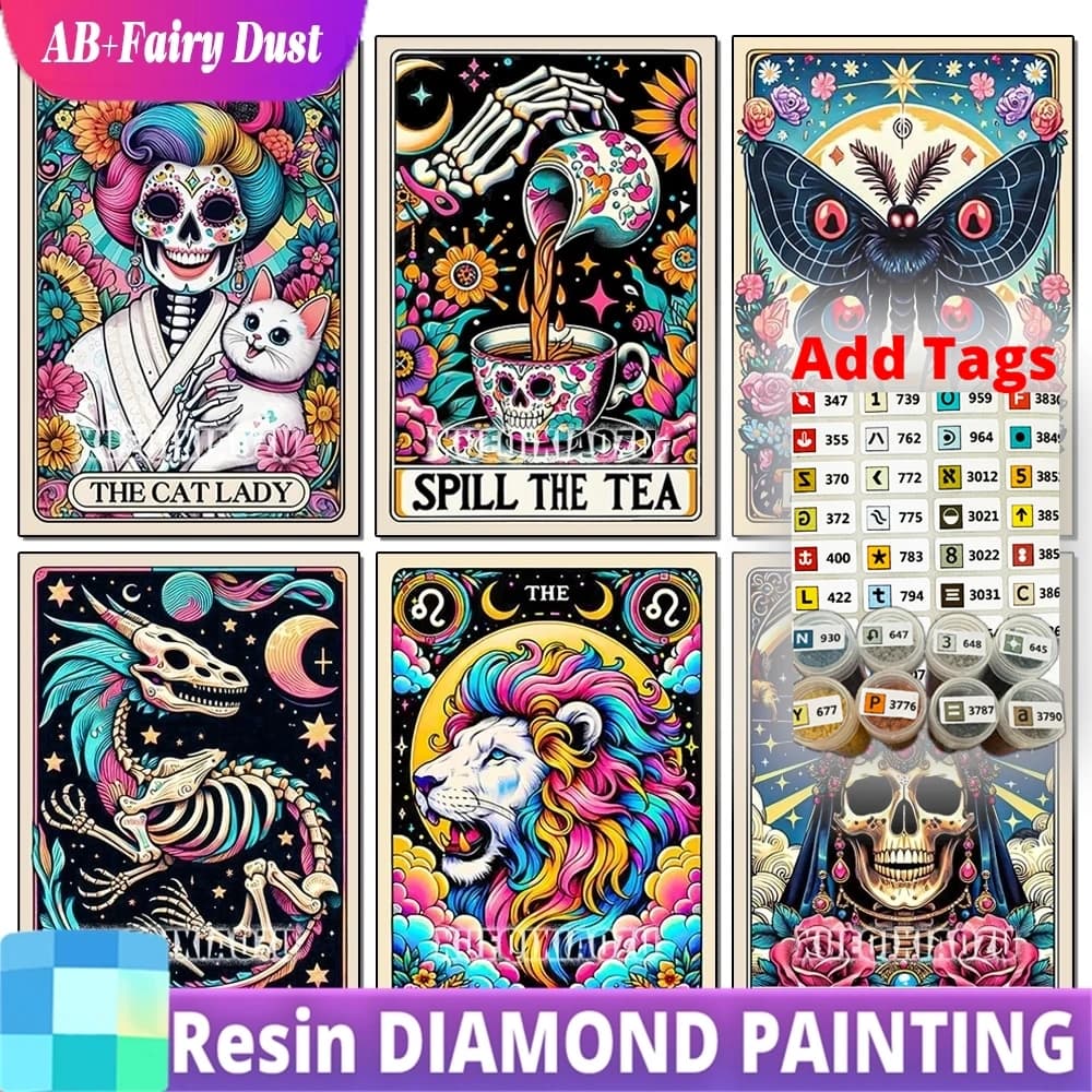 Resina Fairy Dust AB 5D Diamond Painting Carta dei Tarocchi Nuova Serie Teschio Animale Arte Mosaico Completo Rotondo/Quadrato Ricamo Intarsiato Decorazione Murale