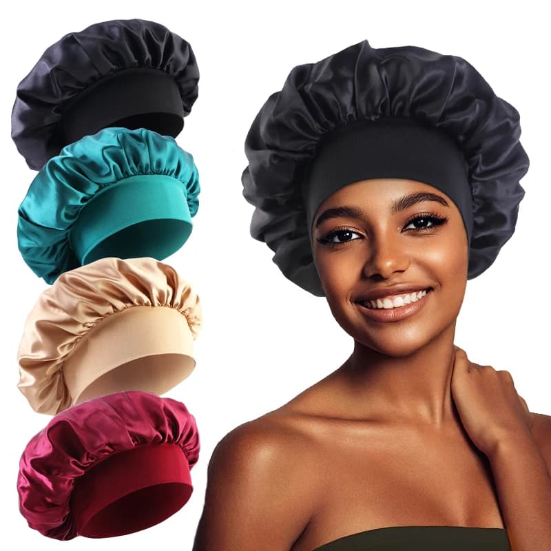 New wide tone night cap in satin, silky hood, for sleeping, night cap with soft elastic band, styling cap, hair wrap tool