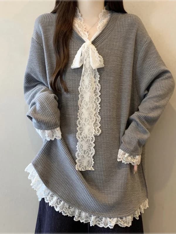 Lace Knot V-neck Long Sleeve Women's T-shirt Shoulder Length Mid-length Korean Style Commute Fashion plus Size