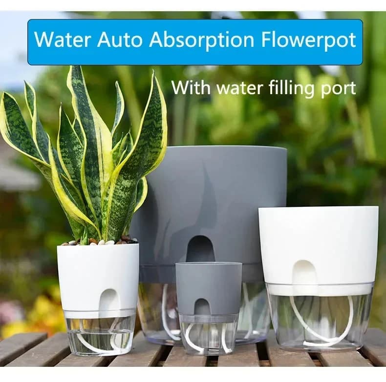 Vaso da fiori in plastica trasparente a doppio strato Vaso da fiori con irrigazione automatica Corda di cotone per irrigazione Piccolo vaso per piante con porta di iniezione