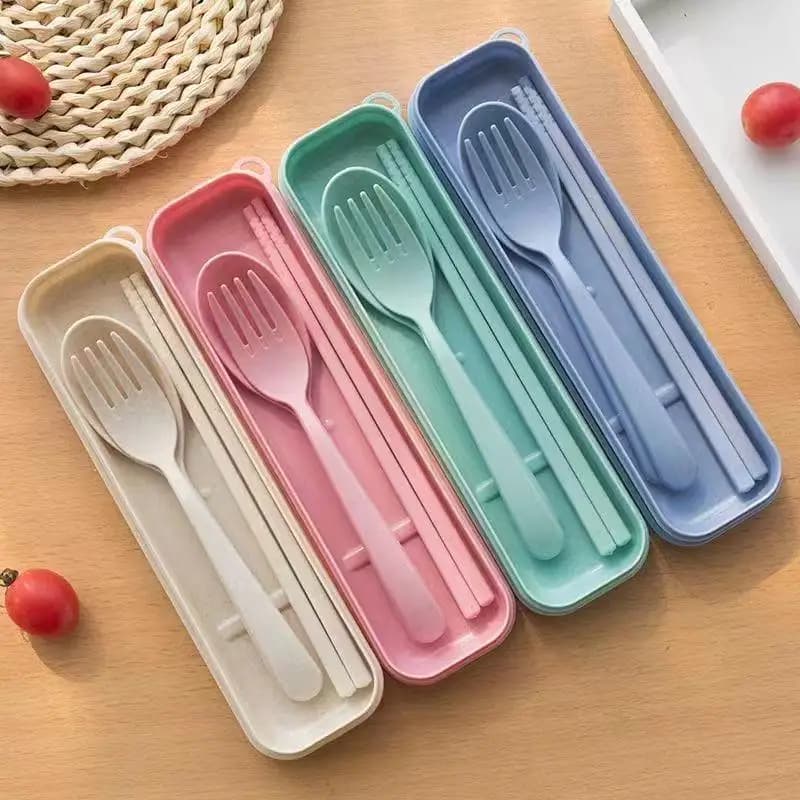 Set di utensili in plastica riutilizzabili 3 in 1 – Bacchette, forchetta e cucchiaio in paglia di grano con custodia, porta pranzo portatile in stile nordico