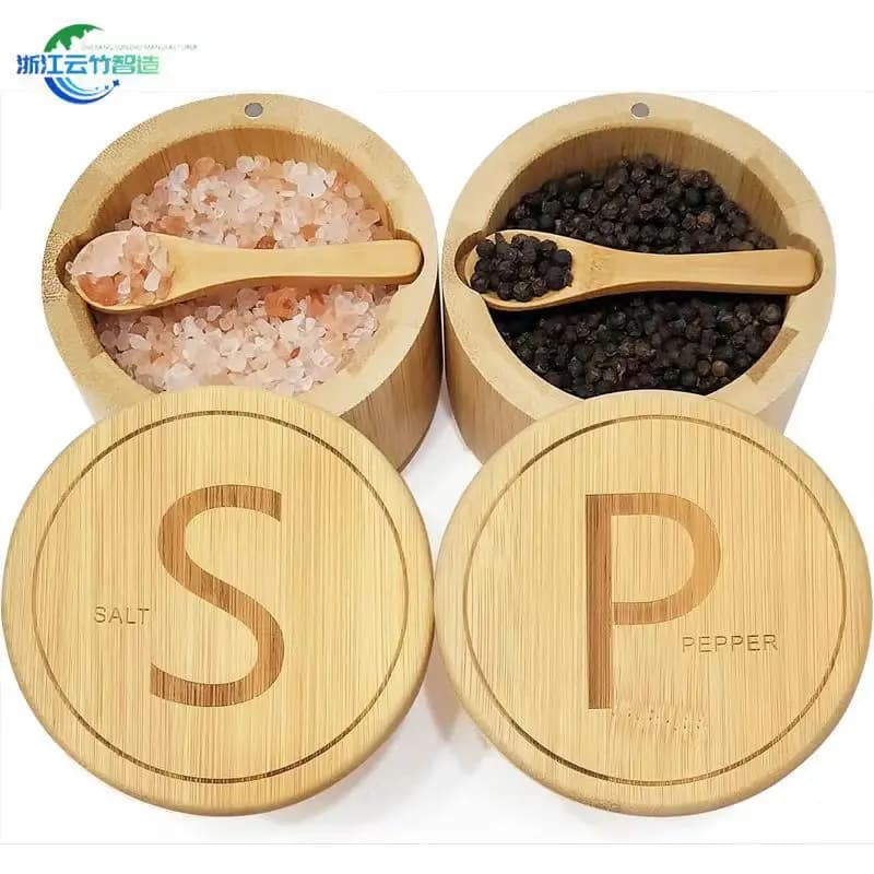 2pcs set Bamboo Salt and Pepper Cellar Bowl Box Container with Lid and Built-in Spoon Kitchen Salt Spice Seasoning Storage