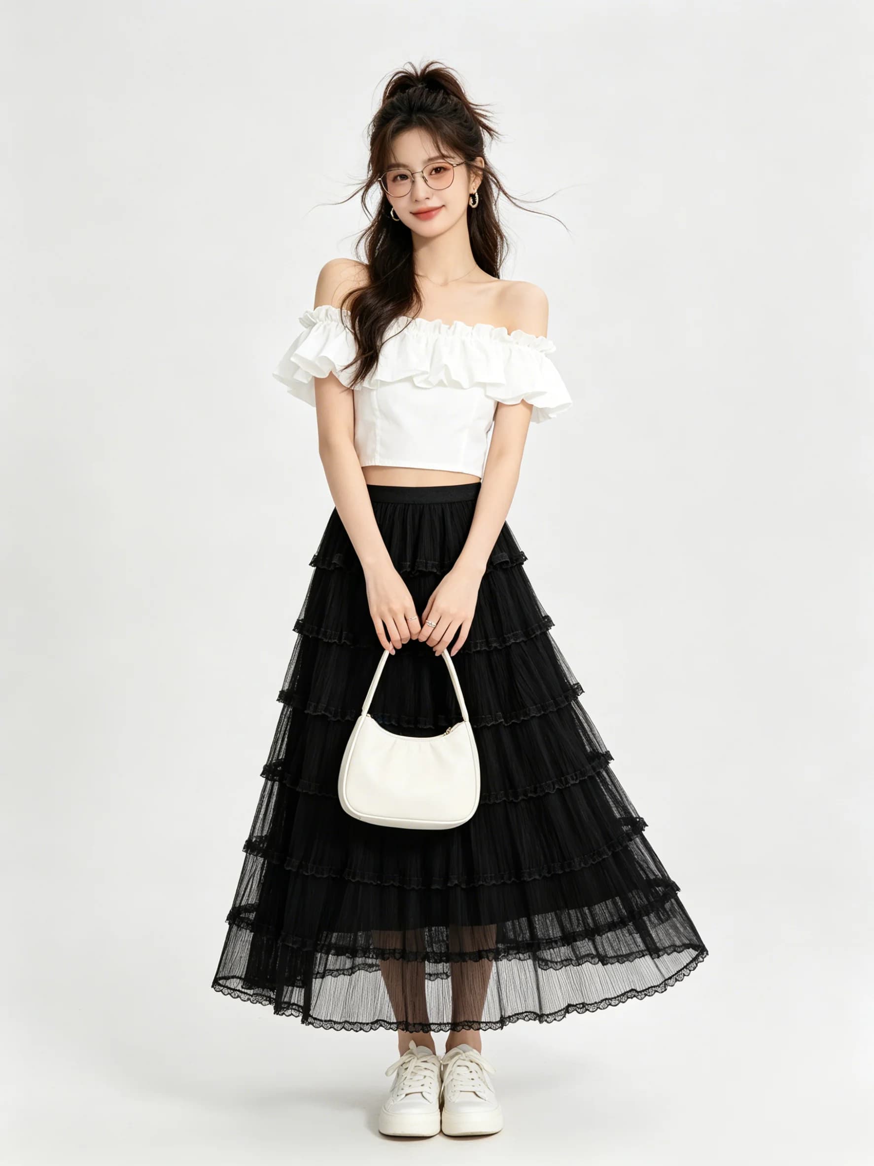 Casual Skin-friendly Breathable Lace Hem Semi-skirt Summer New High Waist Draped Versatile Slimming Cake Mid-length Skirt