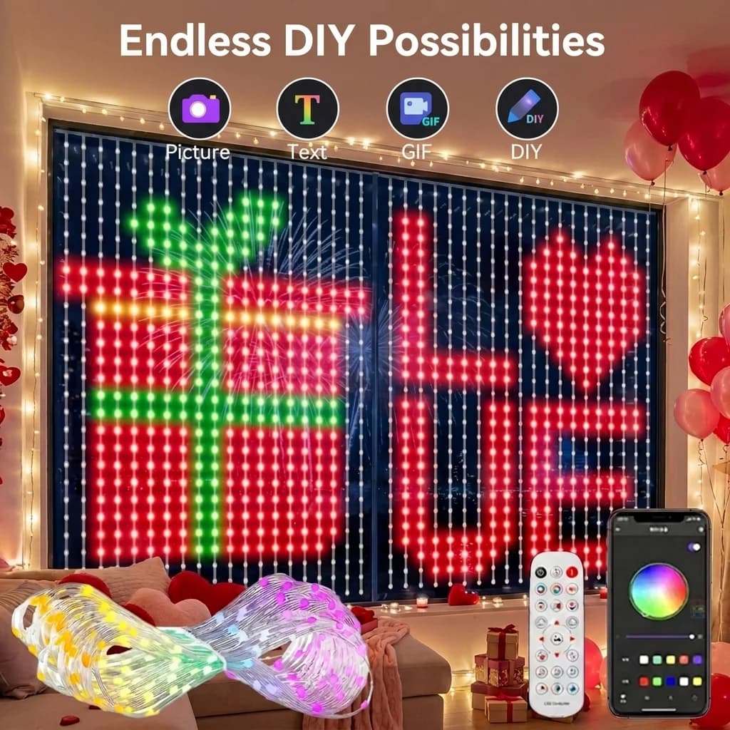 App Remote Control RGBIC Smart Curtain Lights DIY Custom Picture Text GIF Programmable Pixel Fairy String Light Holiday Window Party Wall Decor