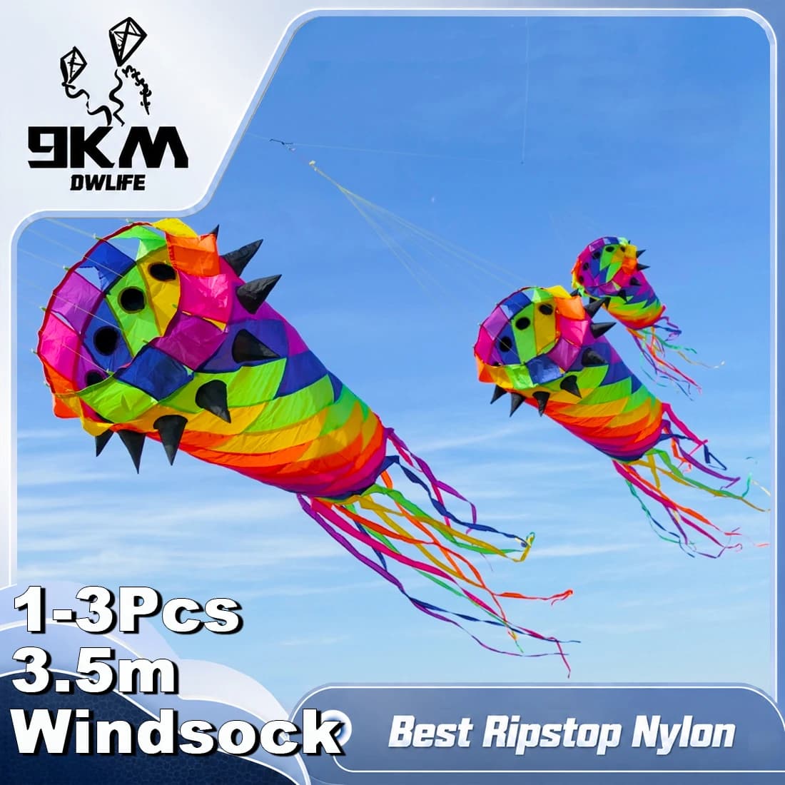 9KM 3.5m Rainbow Windsock Kite, Ripstop Nylon Spinning Turbine with Ball Bearing Swivel,Kite Line Laundry for Kite Festival