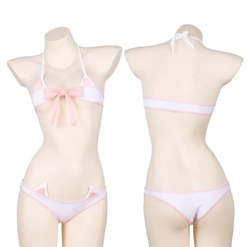 Lolita Anime Pink Bow Mini Bikini Set Bandage Pajamas Kawaii Cat Ears Plaid Underwear Panties Women Sexy Swim Lingerie Gift