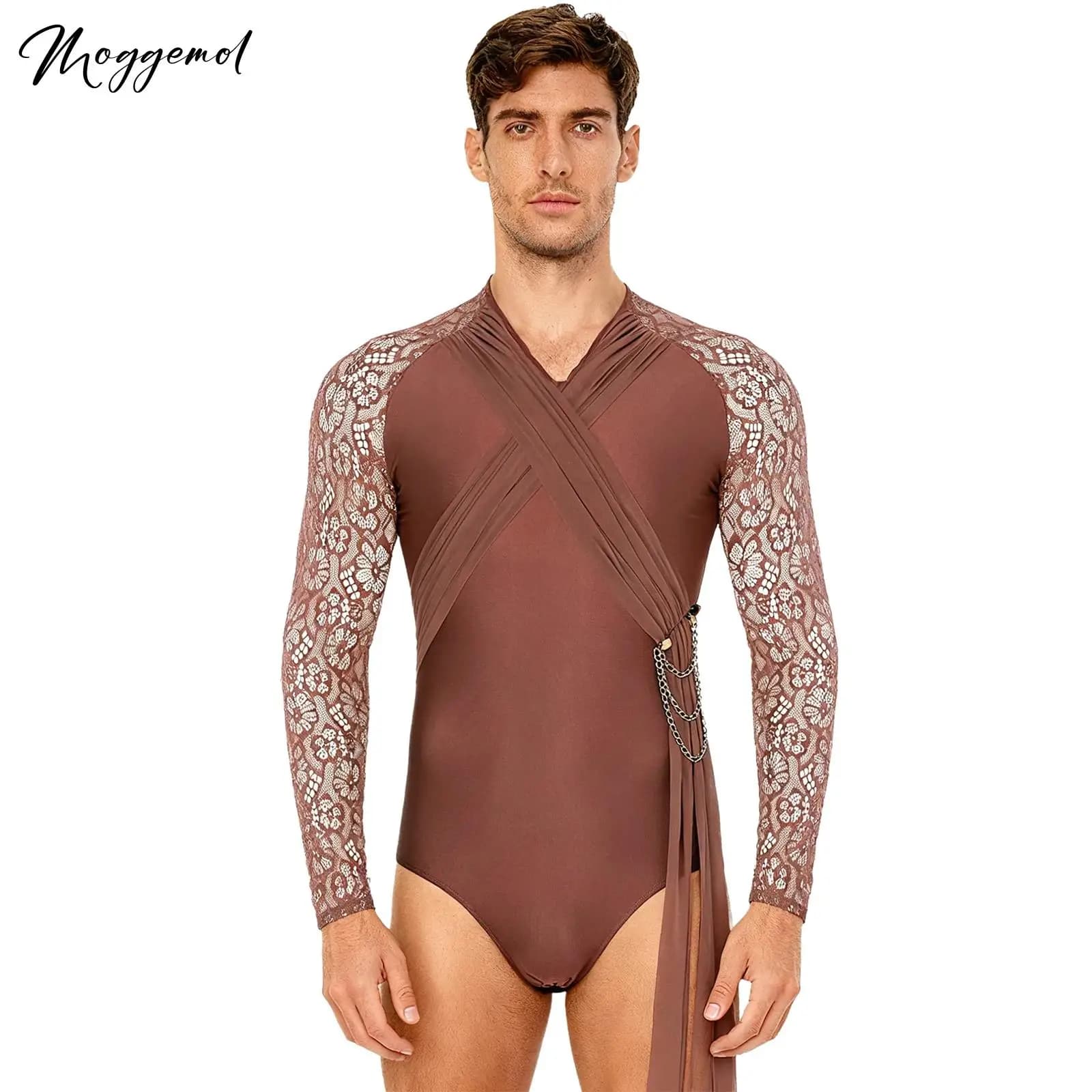 Ginnastica da uomo Balletto Latino Tango Danza Pattinaggio di figura Pizzo Manica lunga Increspato Strato di rete con drappeggio Catena Nappa Body