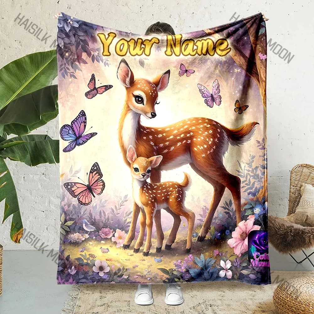 Nome personalizzato Coperta personalizzata Stampa di cervi a farfalla da sogno Morbida e calda adatta per il divano di casa Viaggi all'aperto Campeggio Picnic