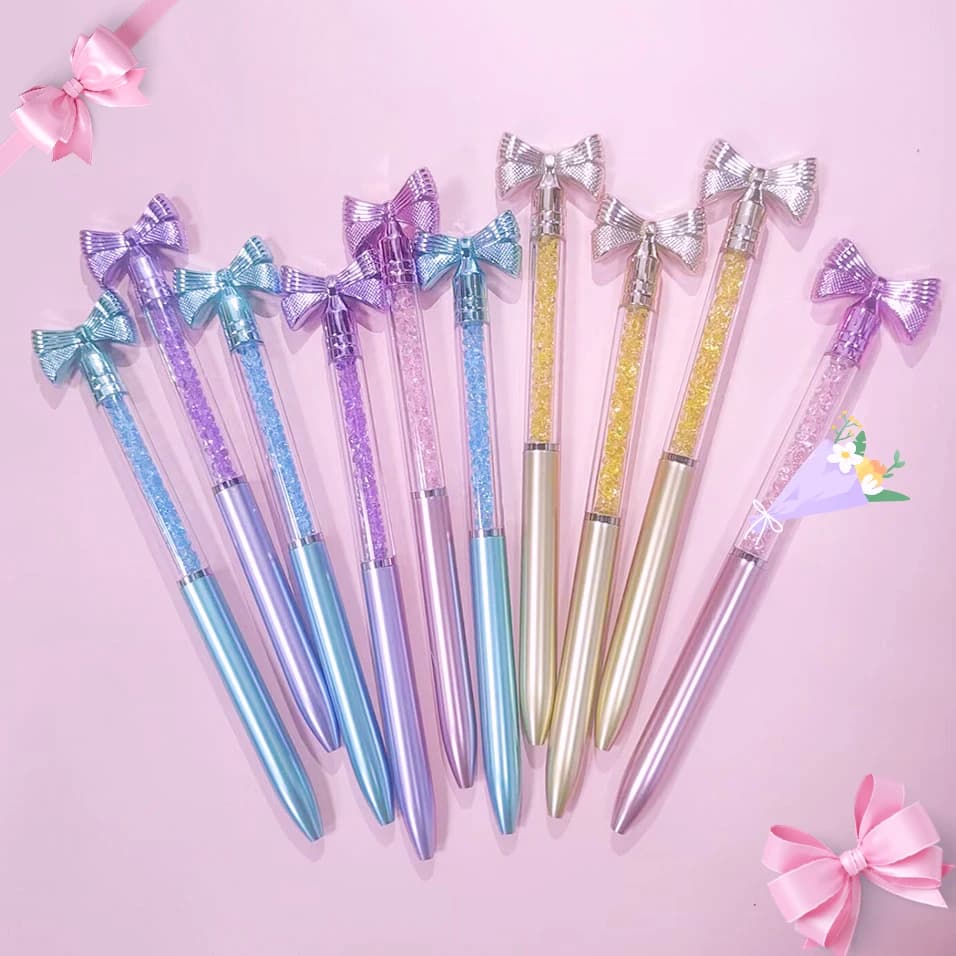 10 Pz/lotto Carino Arco Nodo Penne A Sfera Bow-tie Rotante di Cristallo di Scrittura Penna Gel Nero Blu Inchiostro Forniture Per Ufficio Scuola di Cancelleria