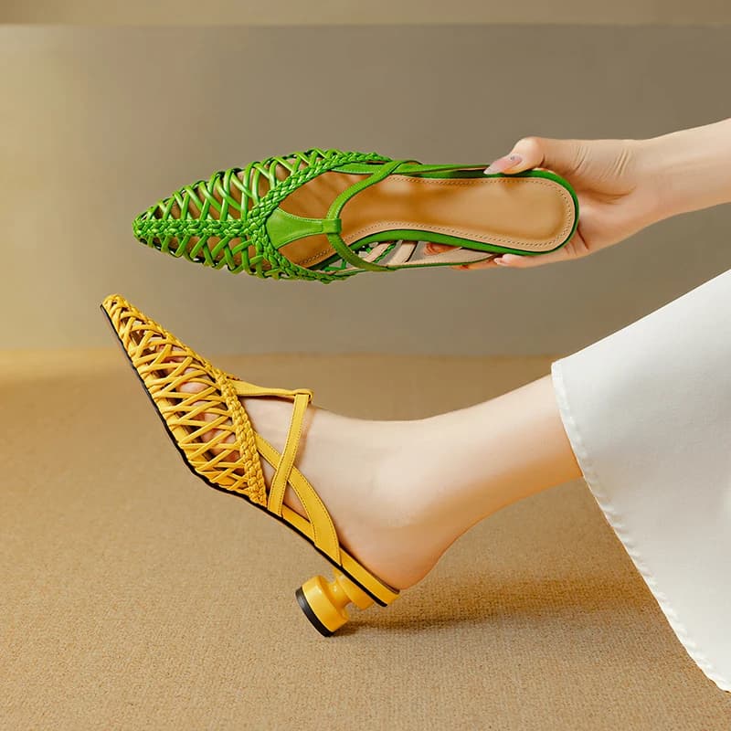 2026 pring summer women sandals natural leather plus size22-25cm weave cowhide+ sheepskin+pigskin round heel mules women shoes