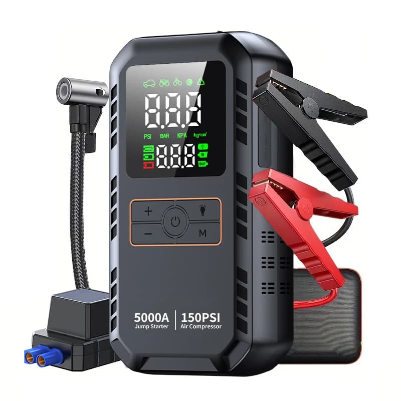 Avviatore di Emergenza 6-in-1 con Compressore d'Aria, Pompa per Pneumatici Auto 150PSI, Avviatore di Emergenza 5000A di Picco, Power Bank Portatile