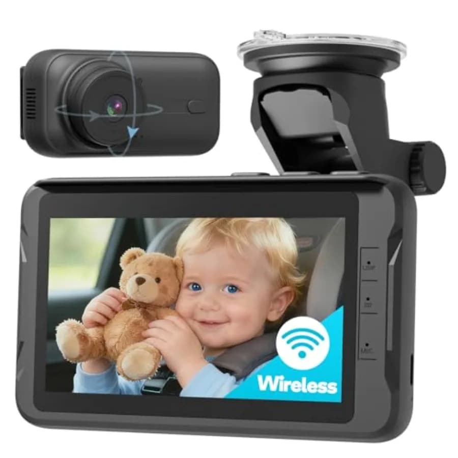 Telecamera wireless per auto per bambini, monitor per sedile posteriore, nessun Wi-Fi necessario, visione notturna automatica, lente regolabile IR-Cut, lunga durata della batteria