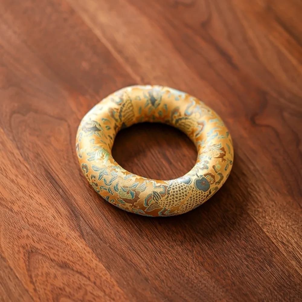 Nepalese Singing Bowl Mat Brocade Donut Shape Sound Copper Out Mat Traditional Non Slip Wooden Fish Coaster Yoga