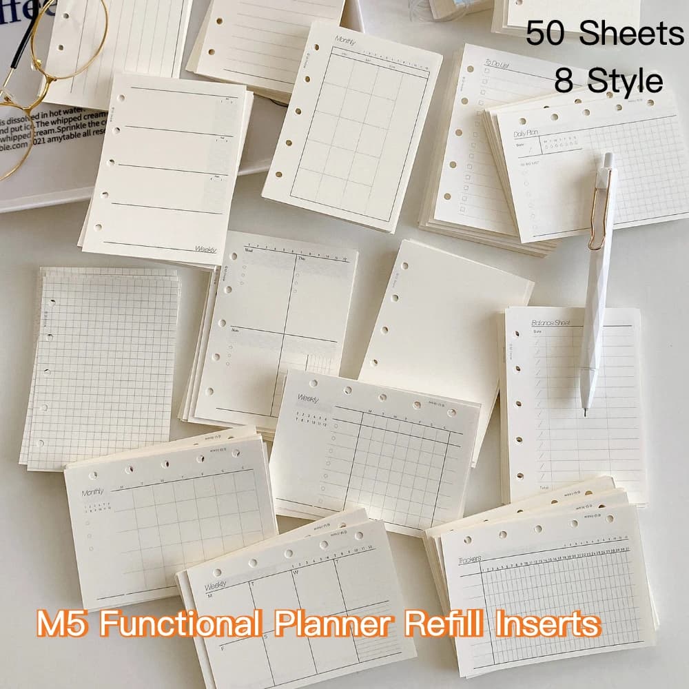 Fromthenon 50 Sheets 5 Ring Binder M5 Planner Refill Inserts Functional Inner Pages for Time Management Journal Notebook