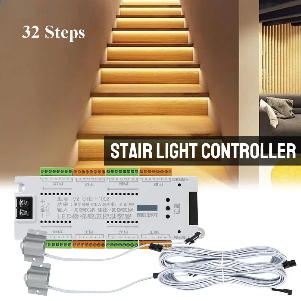 Kit controller luce scale LED con sensore di movimento DC 12V 24V 32 canali Passo PIR Controller automatico per illuminazione scale scale