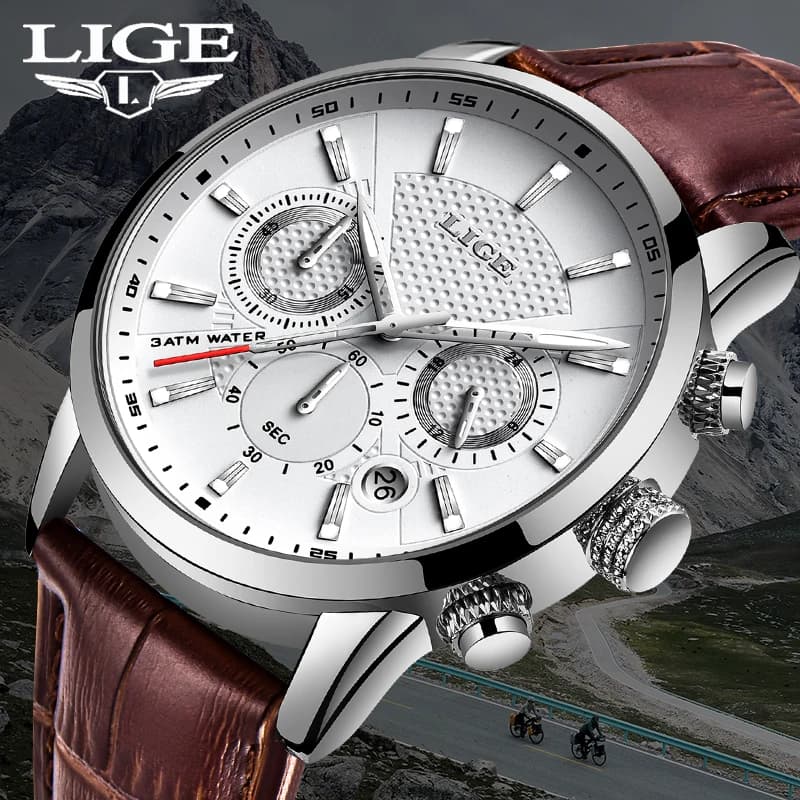 LIGE Fashion Man Watch Sport Calendar Quartz Watches Waterproof Luxury Leather Strap Chronograph Mens Wristwatches Gifts Reloj