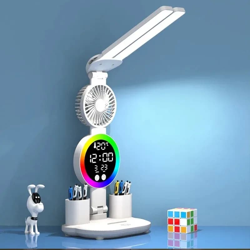 Lampada da tavolo a LED con ventilatore e orologio Lampada da lettura da scrivania per studio Luce notturna Luminosità regolabile