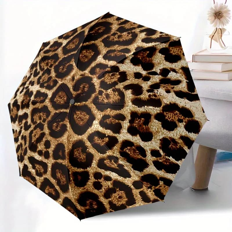 Ombrello automatico apri/chiusura con stampa leopardata e protezione - Elegante stampa animalier nero e oro, robusta struttura a 8 stecche per
