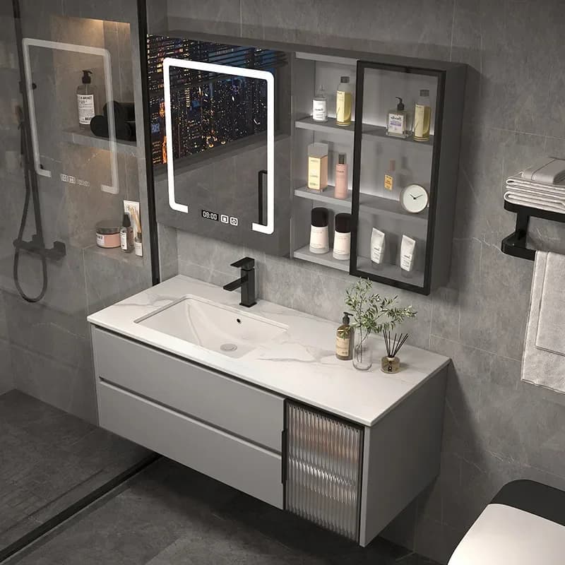 Modern Light Luxury Bathroom Vanity Cabinet Solid Wood Rock Slab Washbasin with Smart Toilet Combo Simple Mirror Cabinet Unit