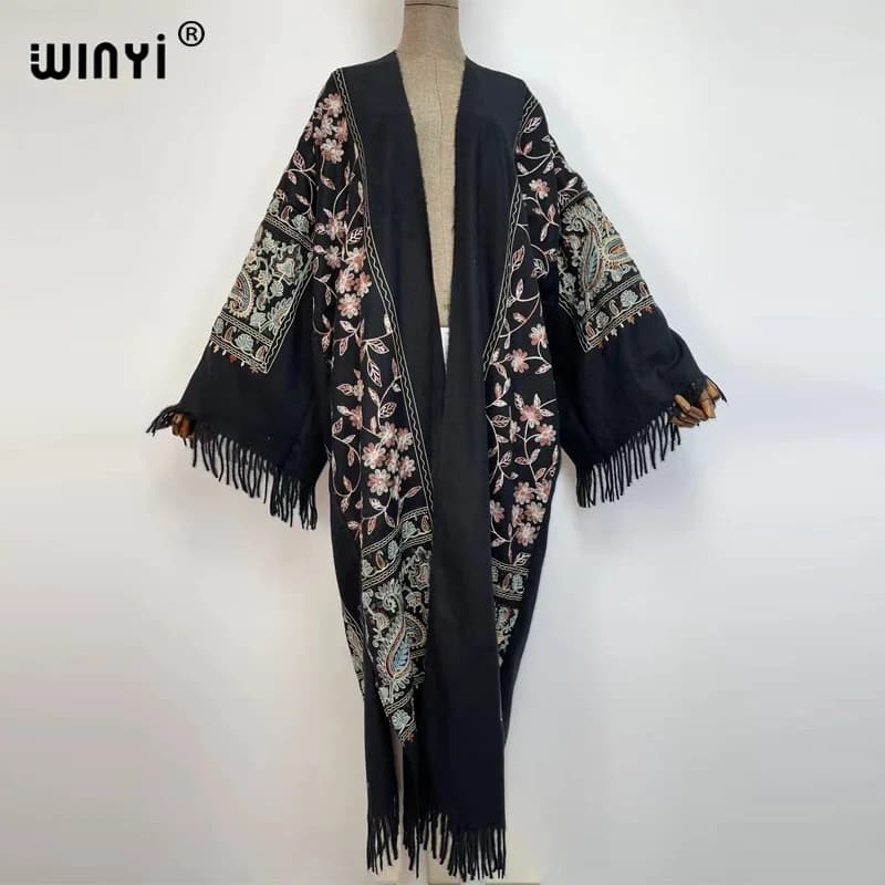2022 WINYI inverno donna nappa Pashmina ricamo cappotto lungo cappotto bavero sciolto spesso caldo formato libero medio oriente KIMONO femminile