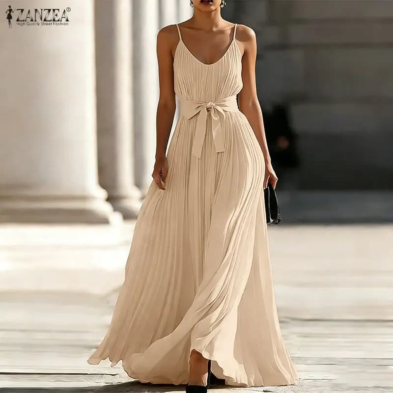 Sexy V Neck Straps Party Dress ZANZEA Elegant Women Sleeveless Pleated Maxi Sundress Stylish Solid Color A Line Holiday Robe