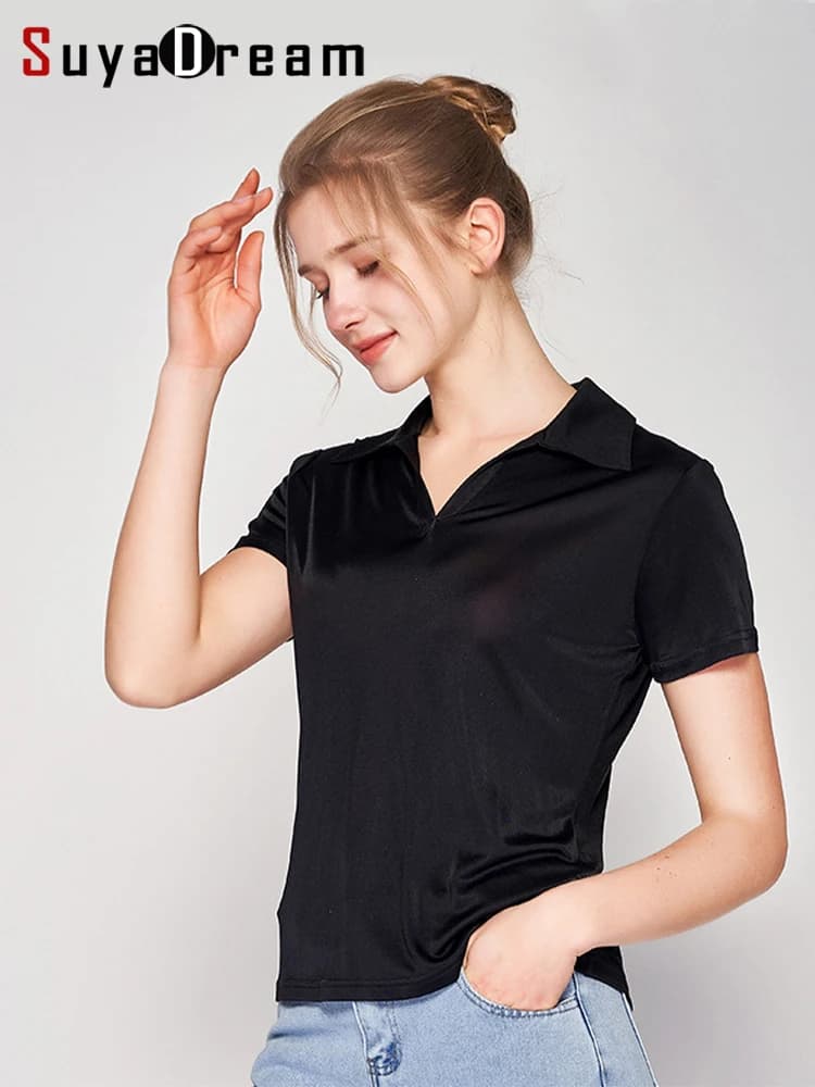 SuyaDream T-shirt chic da donna lavorata a maglia in seta naturale a maniche corte e scollo a V T-shirt solida e accogliente 2026 Top casual primavera estate