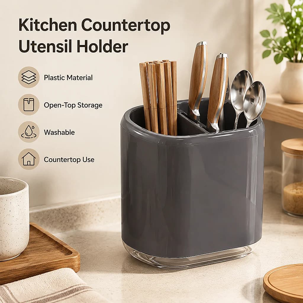 Multi-Compartment Kitchen Countertop Utensil Holder with Removable Drip Tray, Washable Gloss Plastic Divided Silverware Caddy for Knives, Forks, Spoons and Chopsticks